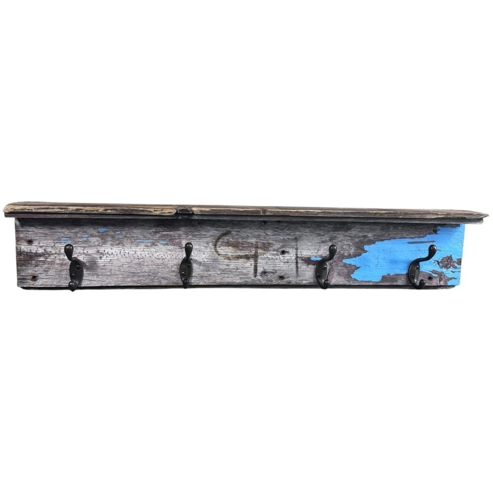 Handcrafted Reclaimed Barnwood Shelf with Hooks Rustic Farmhouse
